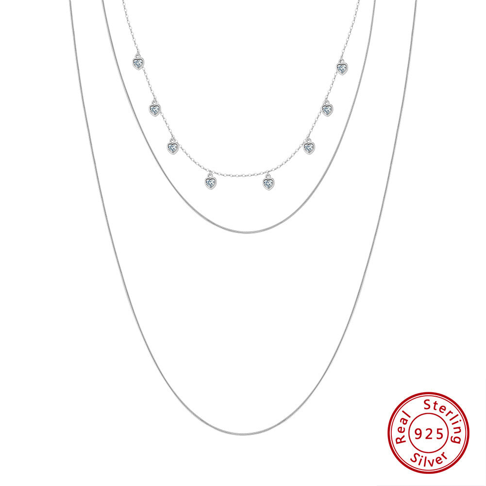 Three-layered sterling silver necklace with zircon clavicle chain, elegant women's jewelry