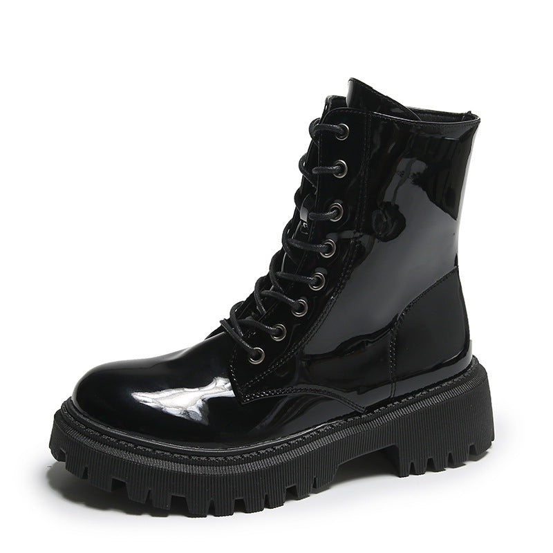 European and American patent leather mid-heel round toe short motorcycle boots for women, combining stylish design with durability.