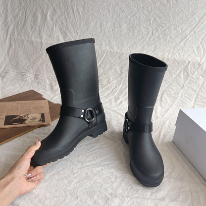 Below the knee buckle knight boots for women, featuring a stylish design and waterproof construction, perfect for versatile and fashionable footwear