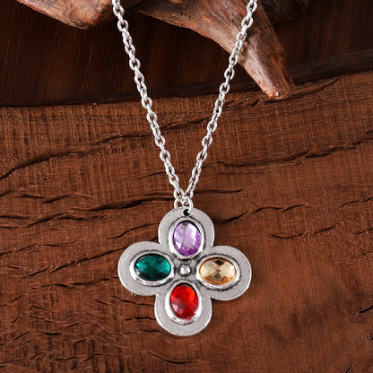 Retro Ethnic Clover Necklace with Inlaid Color Zircon | Unique Vintage-Inspired Jewelry"