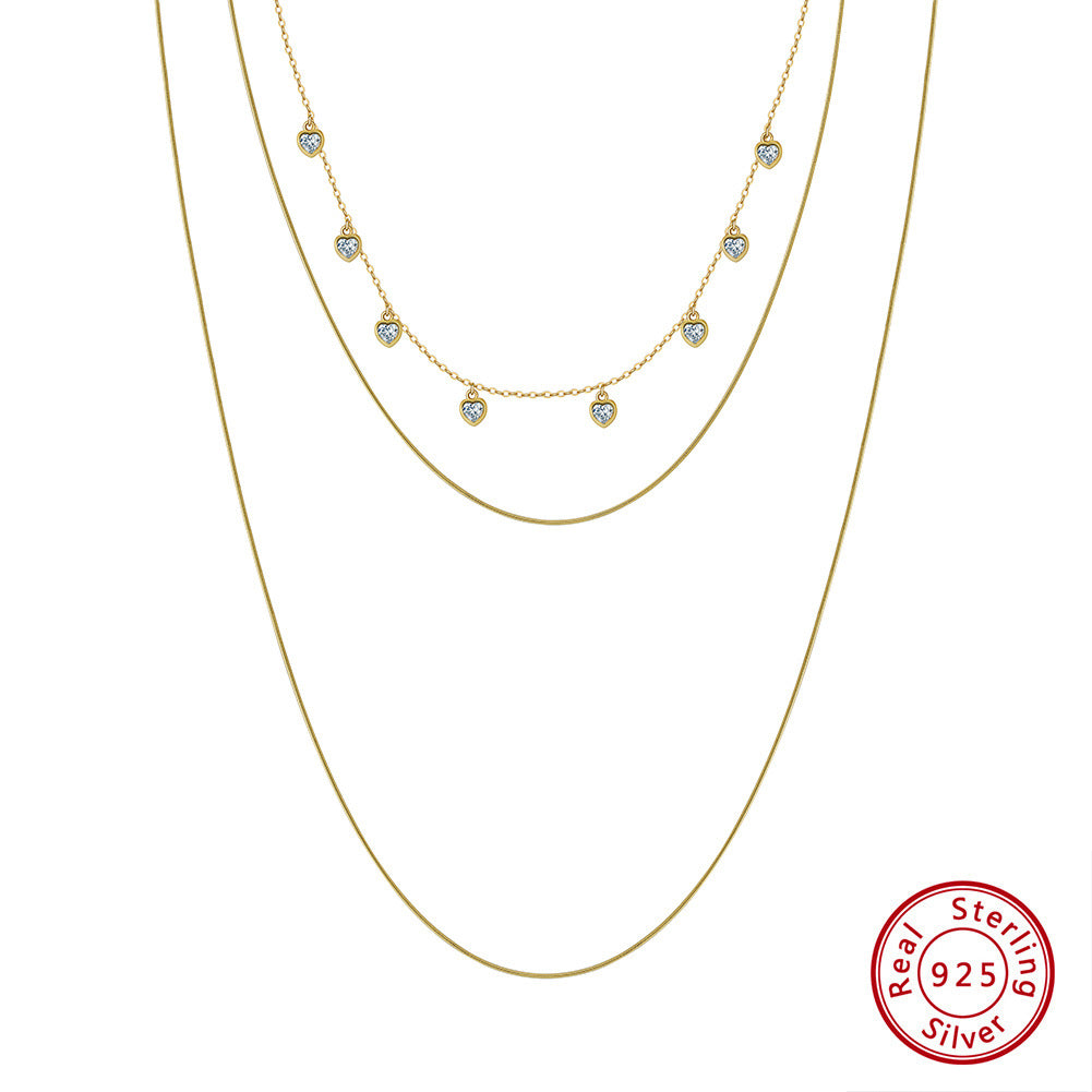 Three-layered sterling silver necklace with zircon clavicle chain, elegant women's jewelry