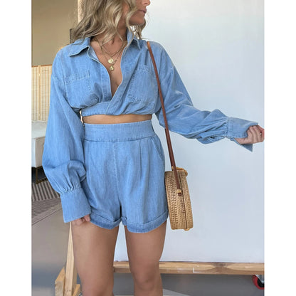 Women's Fashion Denim Shirt - Deep V Neck Long Sleeve Suit Top