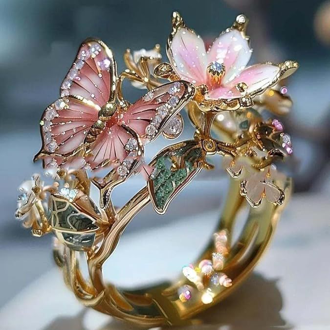 Adjustable transparent crystal butterfly and flower ring with 3D shining diamond and gold plating for women