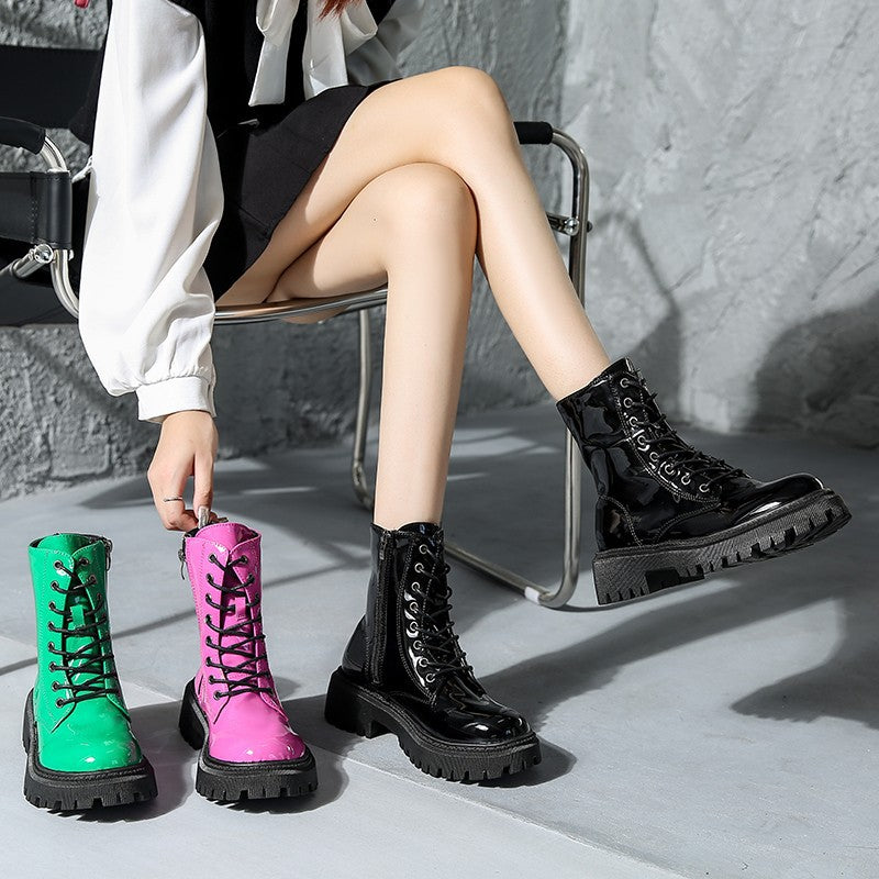 European and American patent leather mid-heel round toe short motorcycle boots for women, combining stylish design with durability.