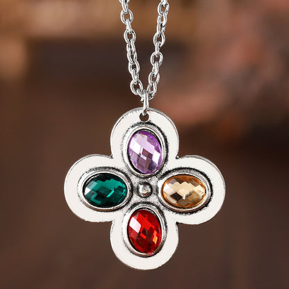 Retro Ethnic Clover Necklace with Inlaid Color Zircon | Unique Vintage-Inspired Jewelry"