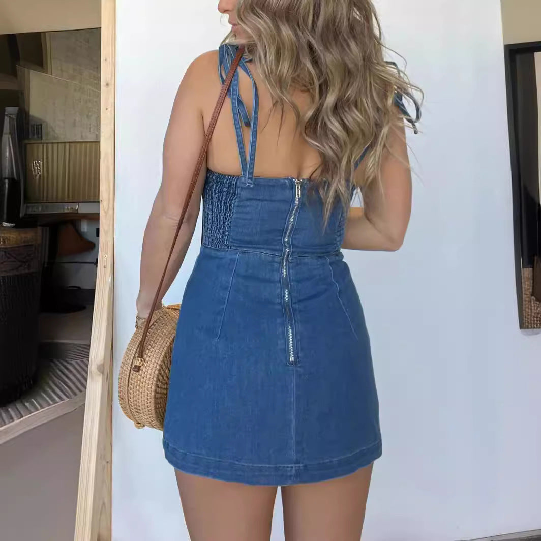 Women's Fashion Slim Fit Slit Denim Dress - Stylish Sling Short Dress