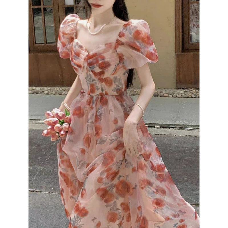 Square-neck Cinched Slimming Floral Dress touchydesign