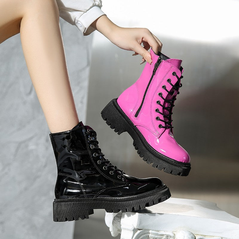 European and American patent leather mid-heel round toe short motorcycle boots for women, combining stylish design with durability.