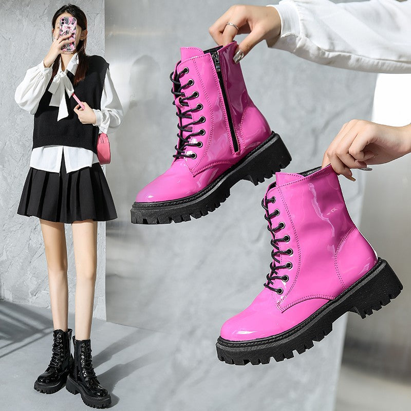 European and American patent leather mid-heel round toe short motorcycle boots for women, combining stylish design with durability.