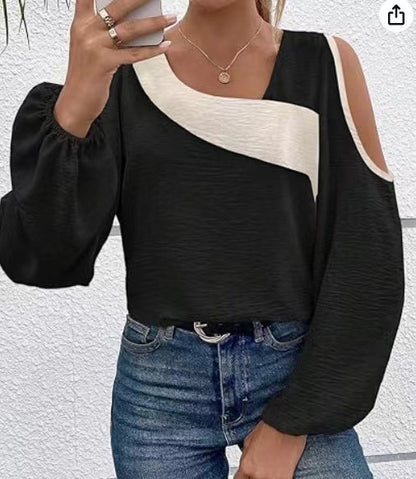 Off-the-shoulder Stitching Pullover Diagonal Collar Long Sleeve Loose Shirt touchydesign