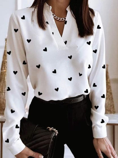 Women's Casual Long-sleeved V-neck Heart Printing Shirt