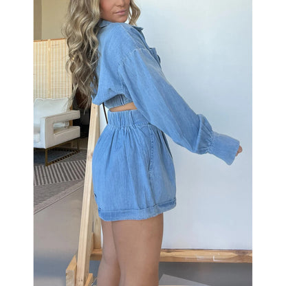 Women's Fashion Denim Shirt - Deep V Neck Long Sleeve Suit Top