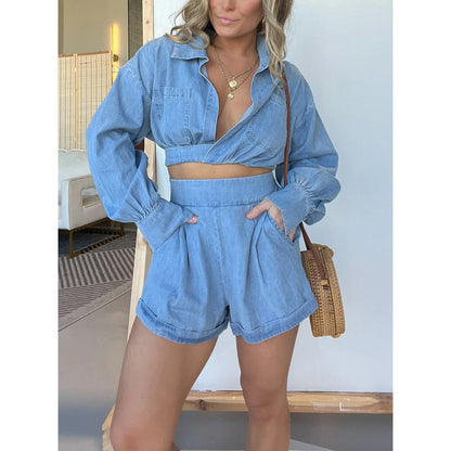 Women's Fashion Denim Shirt - Deep V Neck Long Sleeve Suit Top