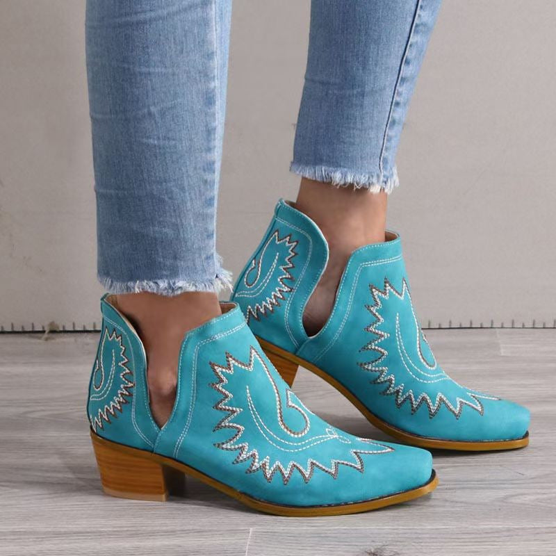 New pointed embroidered chunky heel women's pointed-toe short tube boots, featuring a stylish design with intricate embroidery and a bold, fashionable look."