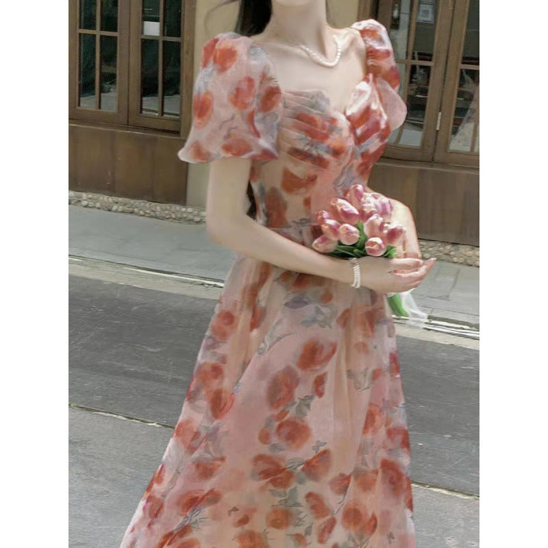 Square-neck Cinched Slimming Floral Dress touchydesign