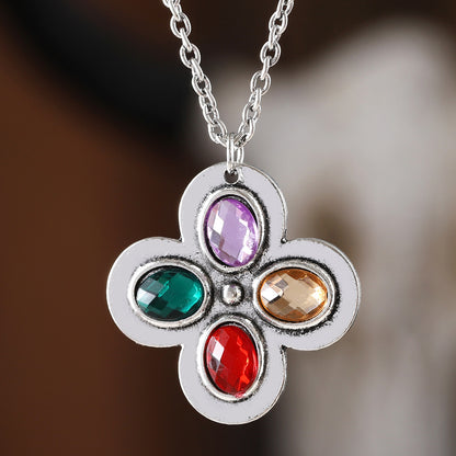 Retro Ethnic Clover Necklace with Inlaid Color Zircon | Unique Vintage-Inspired Jewelry"