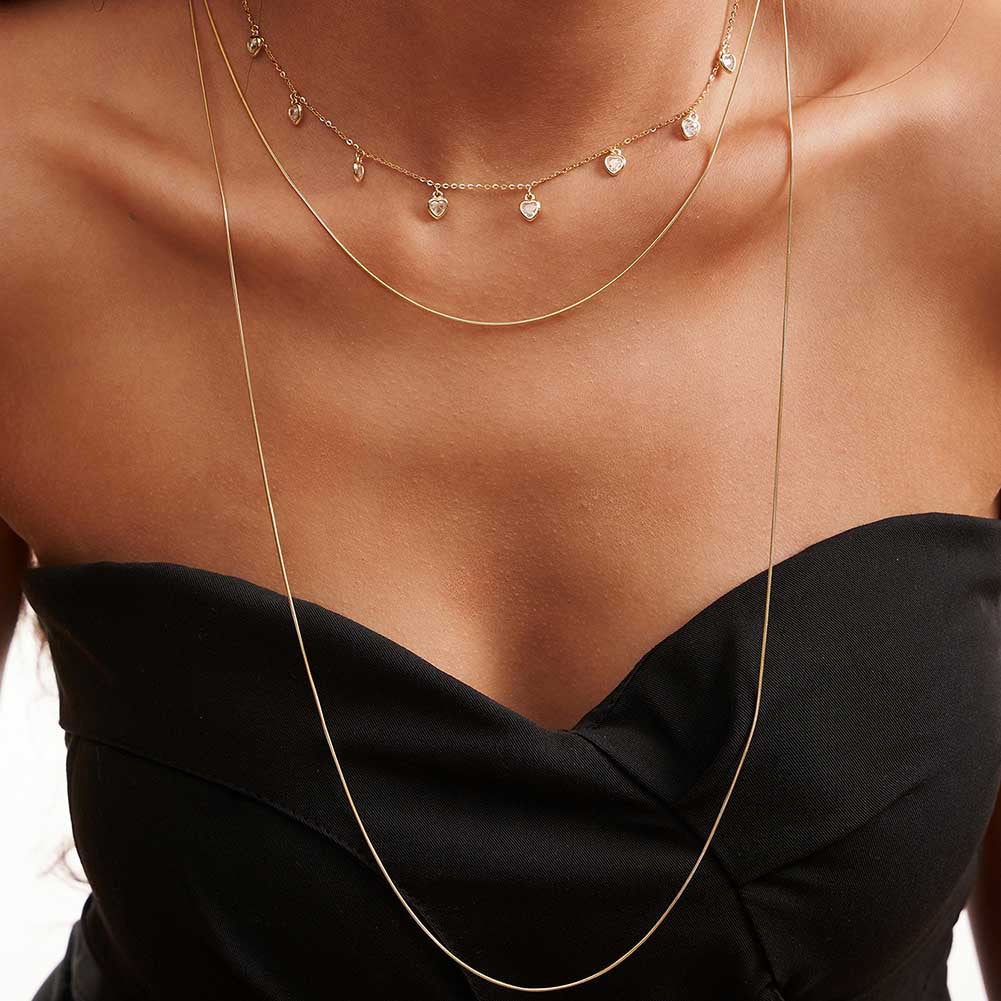 Three-layered sterling silver necklace with zircon clavicle chain, elegant women's jewelry