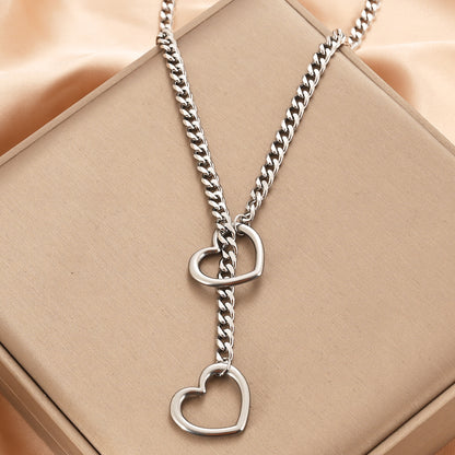 Stainless Steel Lariat Heart Necklace Personality Heavy Ring Cuban Long Chain Punk Rock Slipchain Choker Collar For Women Men