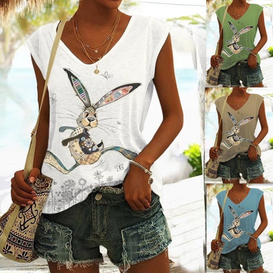 Casual Loose Floral Easter Bunny Print Sleeveless T-shirt