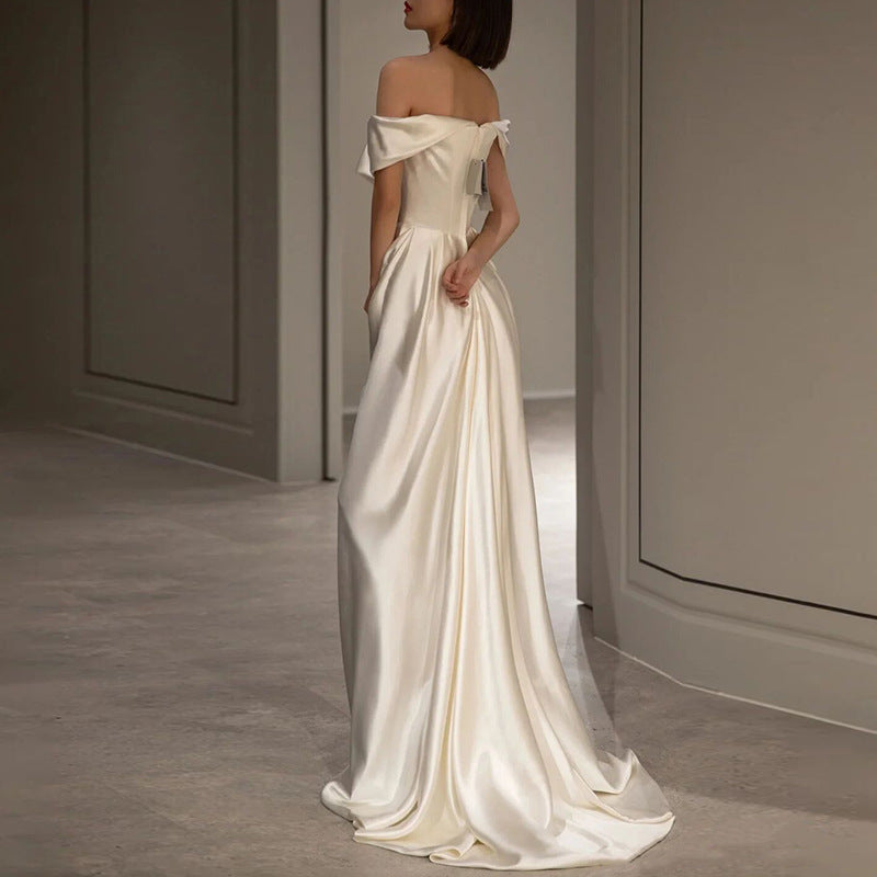 French White Off-Shoulder Sleeveless Wedding Dress, featuring a light and elegant design ideal for a chic bridal look."