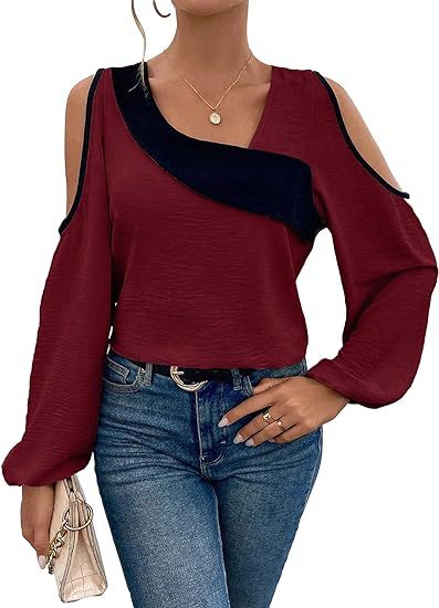 Off-the-shoulder Stitching Pullover Diagonal Collar Long Sleeve Loose Shirt touchydesign