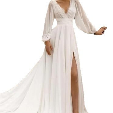 High Waist Plus Size Wedding Dress with Deep V-Neck, Long Sleeves, Backless Design, and High Slit for a sophisticated bridal look.