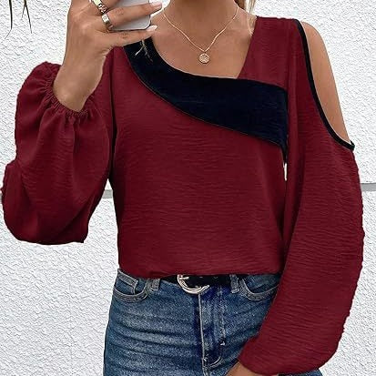 Off-the-shoulder Stitching Pullover Diagonal Collar Long Sleeve Loose Shirt touchydesign