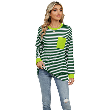 Women's long sleeve round neck T-shirt with pockets and split upper