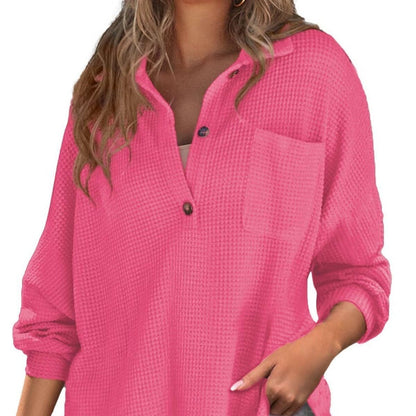 Women's waffle knit long sleeve top - loose fit for a chill, casual style. Cozy and comfortable oversized shirt perfect for relaxed wear