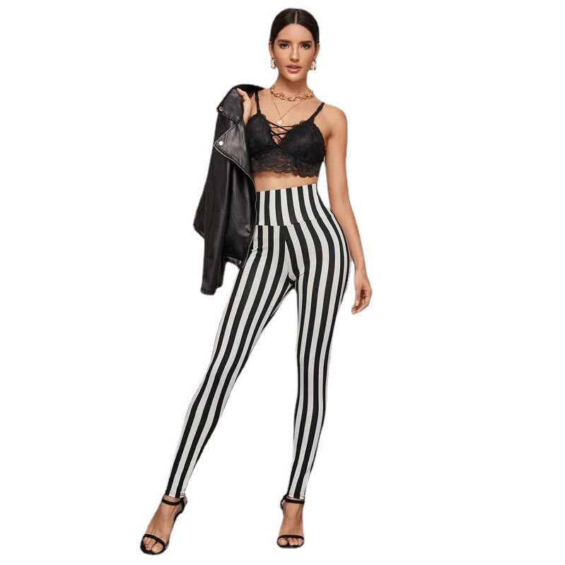 Women's Vertical Stripes High Waist Cropped Skinny Leggings - Trendy and Flattering Fit for a Stylish Look."