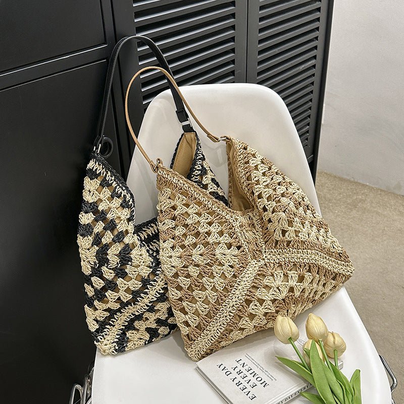 Women's Fashion Handmade Straw Woven Hollow Contrast Color Weave Shoulder Bag touchydesign