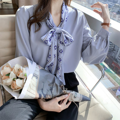 Professional Shirt Women''s Autumn Dress Long Sleeve Bow Ribbon Bubble Sleeve touchydesign