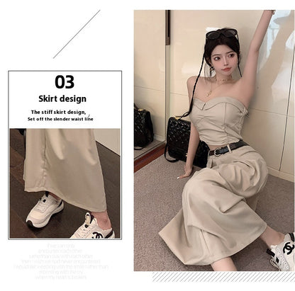 Women's Design Sense Slimming High Waist With Belt Long Skirt Tube Top Two-piece Set touchydesign