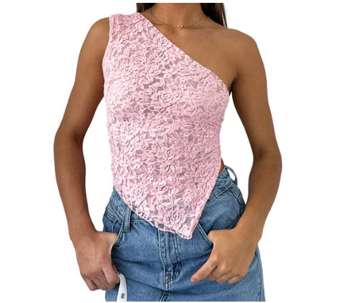 Ins Lace Backless Top Summer Solid Color Waistless Asymmetrical Sloped Neck Vest Streetwear Womens Clothes touchydesign