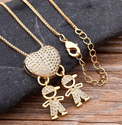 Fashion Jewelry Son Daughter Heart Gold Color Cubic Zirconia Family Girl Boy Pendant Necklace Chain Jewelry For Mother Gift touchydesign