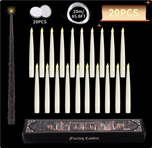 Set of 20 LED floating candles with realistic flickering lights and candle sticks, perfect for Halloween decor, weddings, or special events.