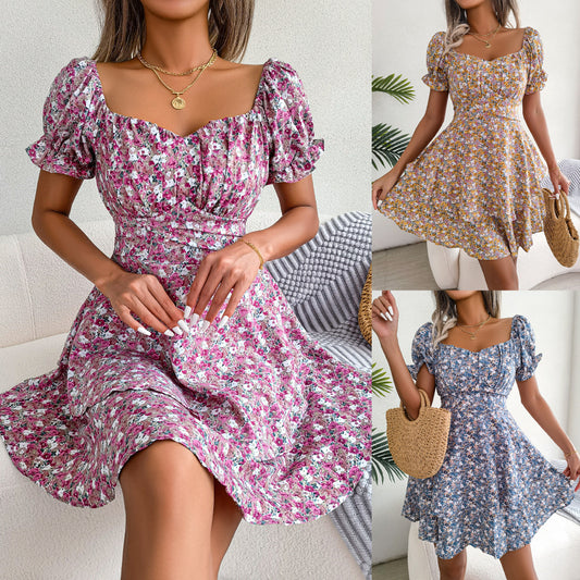 Floral print mini dress with short sleeves and high waist, summer fashion