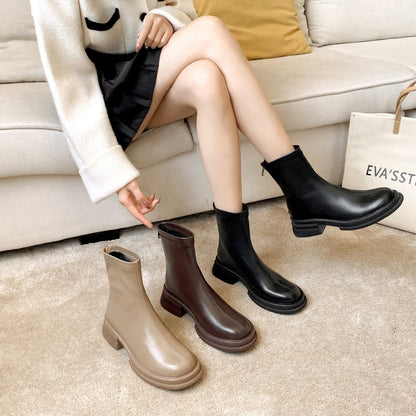 British style round toe solid color short boots for women, featuring a trendy and chic design perfect for versatile fashion looks.