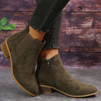 Pointed suede single shoes for women with an elastic band and thick heel, offering a stylish and comfortable design for casual wear.