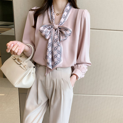 Professional Shirt Women''s Autumn Dress Long Sleeve Bow Ribbon Bubble Sleeve touchydesign