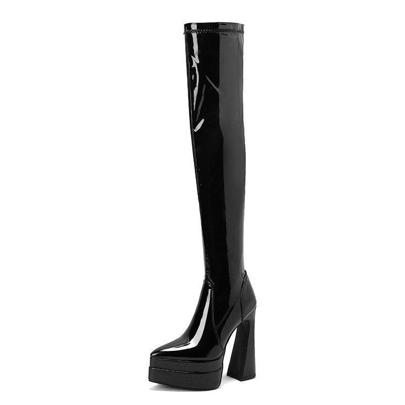 Bright faced thick heeled patent leather knee boots for women, featuring a stylish and trendy design perfect for making a bold fashion statement