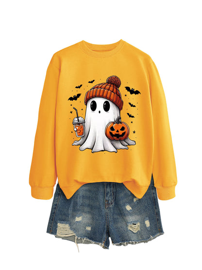 Fashionable long sleeve crew neck sweatshirt in milk tea color with pumpkin and bat print, perfect for fall and Halloween.