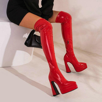 Thick Heeled Patent Leather Knee Boots - Bright & Trendy Women's Footwear