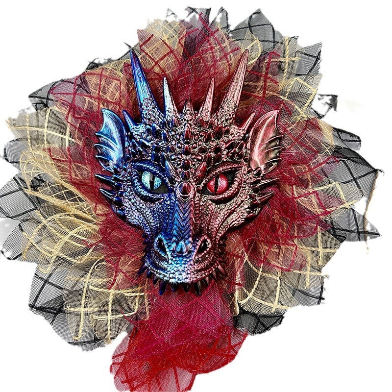 Halloween full face dragon mask with garland wreath, perfect for party decorations, adding a mystical and spooky touch to your festive decor.