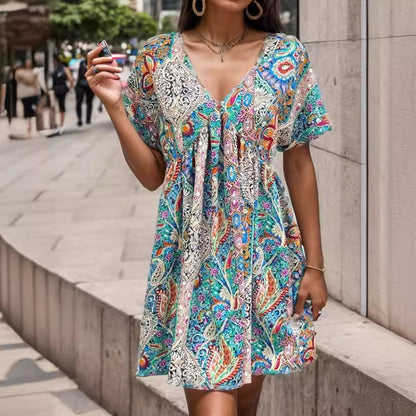 V-neck Loose Printed Pleated Dress