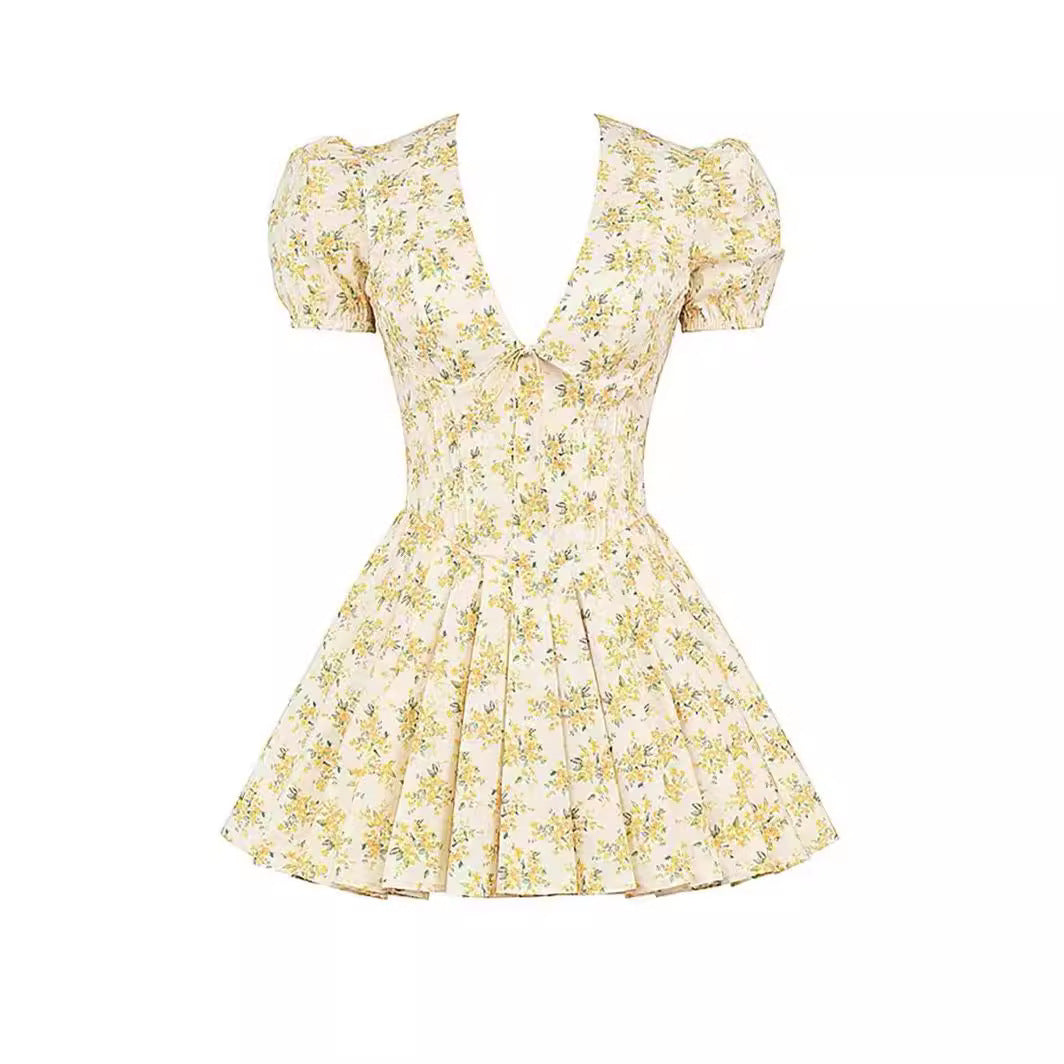 V-neck Puff Sleeve Dress Yellow Flowers Print French Style Sweet Pleated Dresses Womens Clothing touchydesign