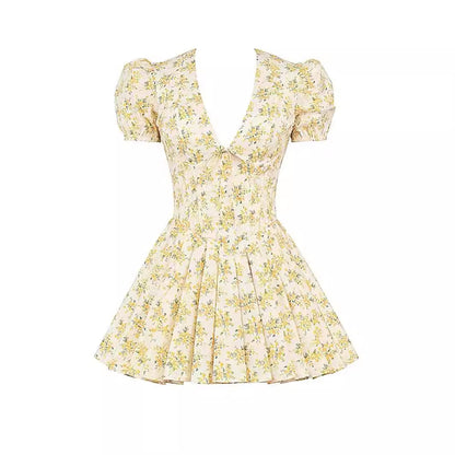 V-neck Puff Sleeve Dress Yellow Flowers Print French Style Sweet Pleated Dresses Womens Clothing touchydesign