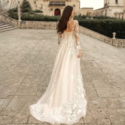  "Long-Sleeve Mori Style Wedding Dress with a simple round neck, offering an elegant and timeless bridal look."