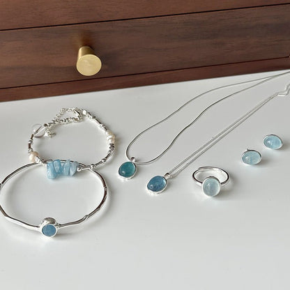 "Aquamarine Silver Necklace Bracelet Set - Women's Natural Stone Inlaid Jewelry USA" - touchydesign