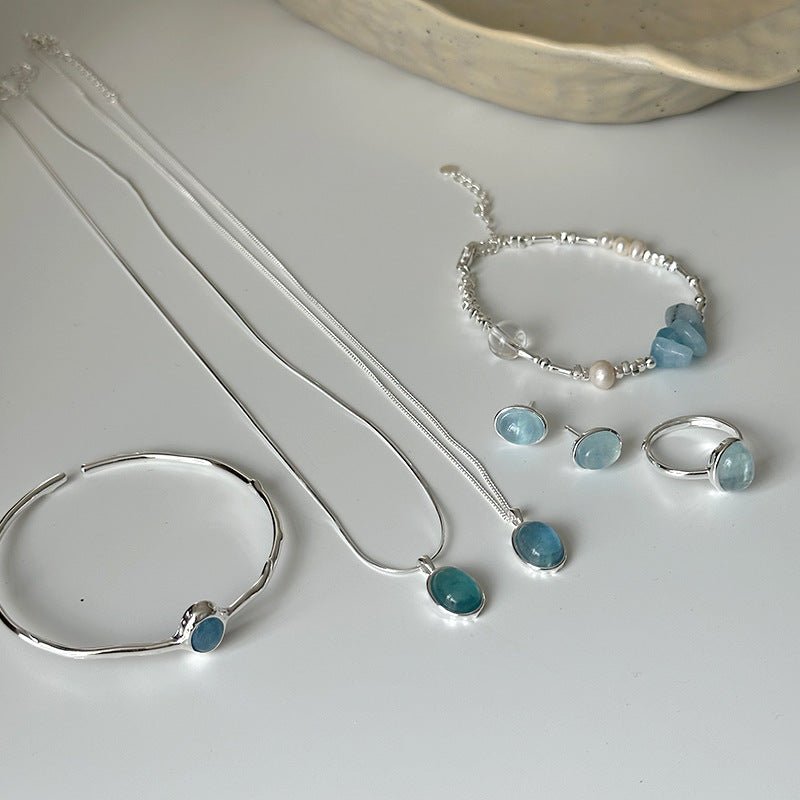 "Aquamarine Silver Necklace Bracelet Set - Women's Natural Stone Inlaid Jewelry USA" - touchydesign